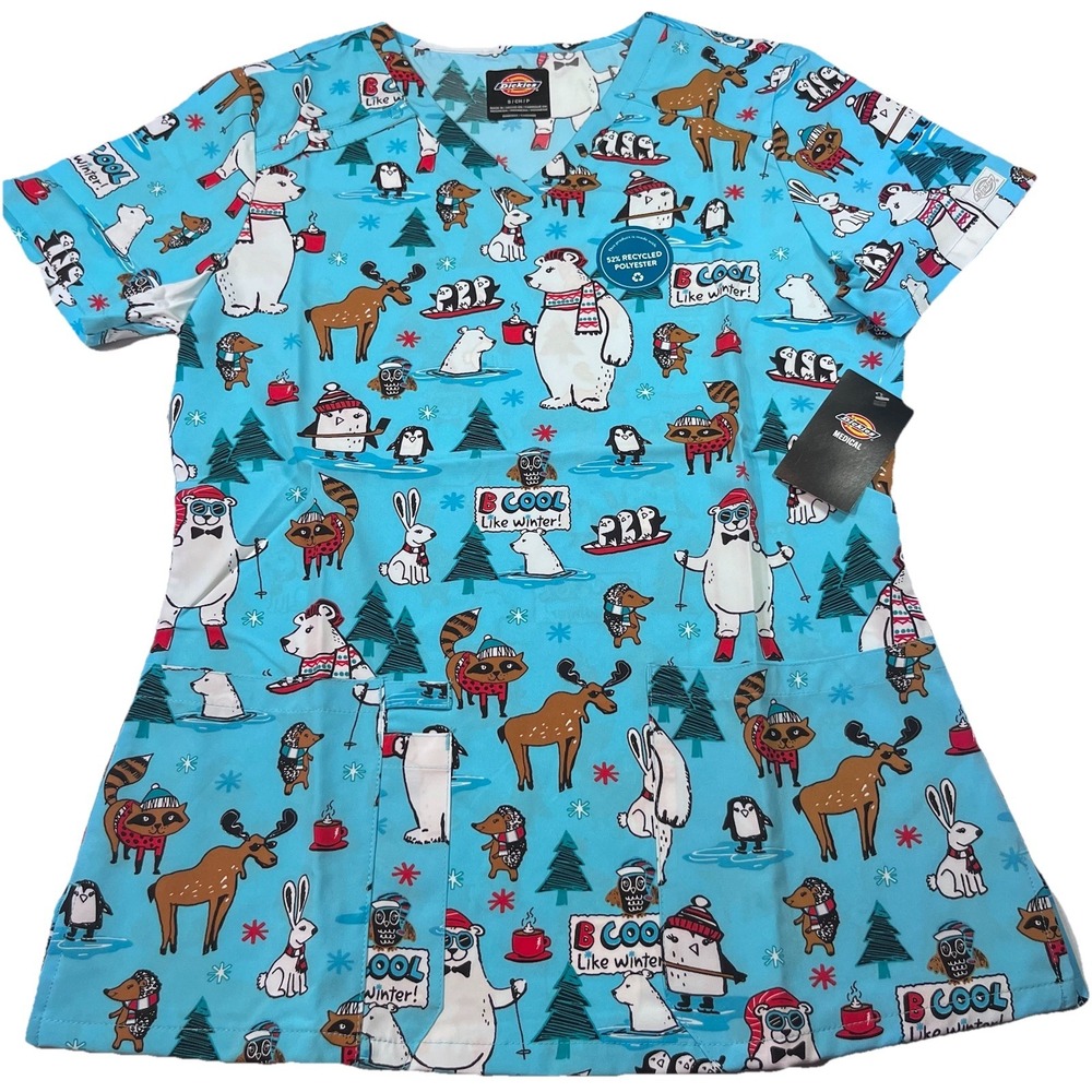 NWT Dickies Women's Medical Scrub Top Sz Small B Cool Like Winter Theme V- Neck